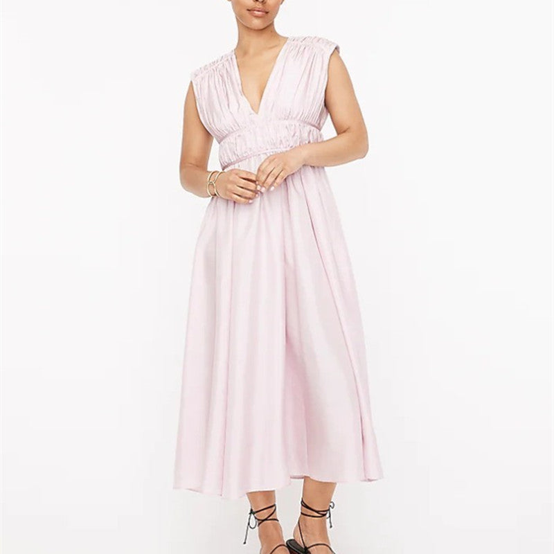 Vintage Silk Sleeveless V-Neck Lace-Up Pleated Waist Dress
