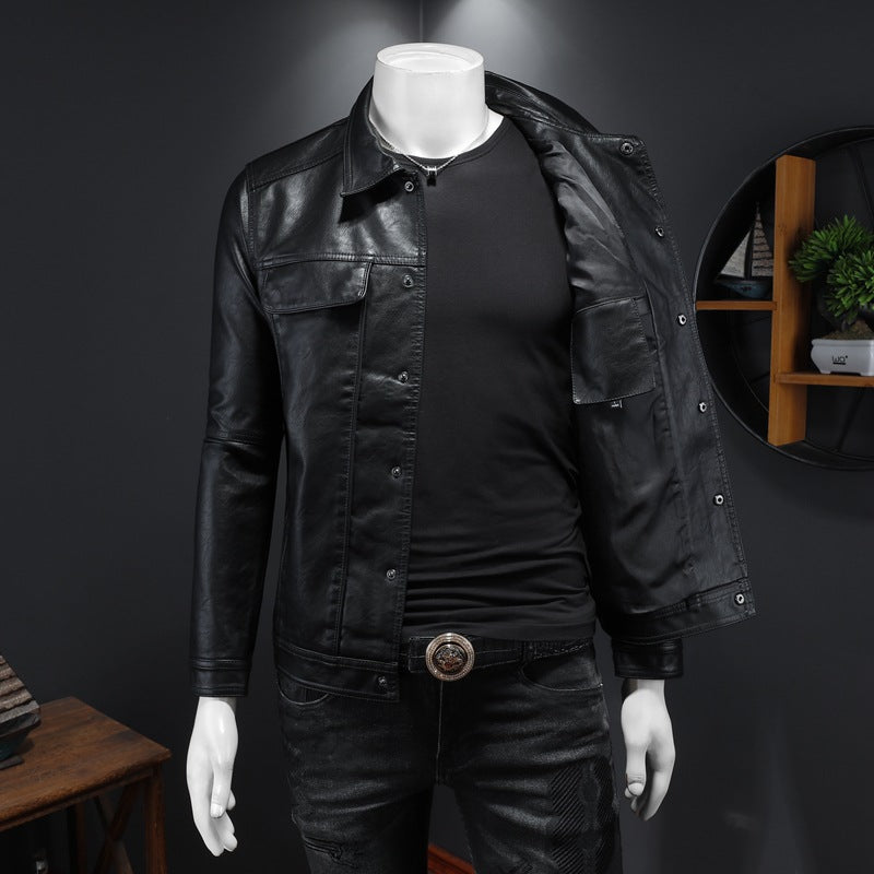 Men's Motorcycle PU Leather Jacket - Long Sleeve Lapel Coat