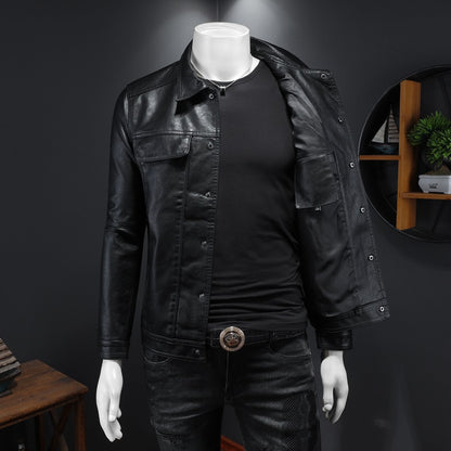 Men's Motorcycle PU Leather Jacket - Long Sleeve Lapel Coat