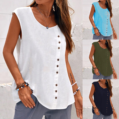 Women's Linen Blend Sleeveless Top - Asymmetric Button Detail