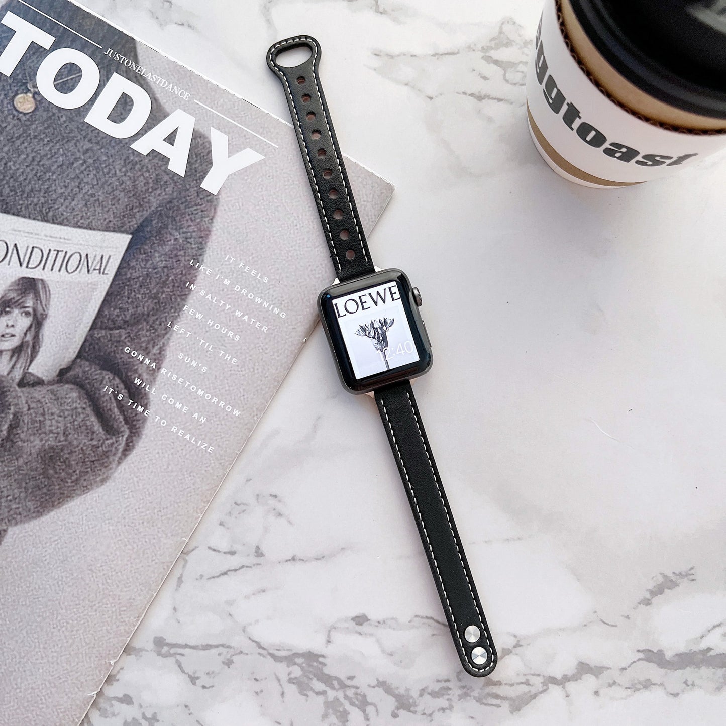 Slim Leather Apple Watch Band - Double Rivet Design with Custom Interface