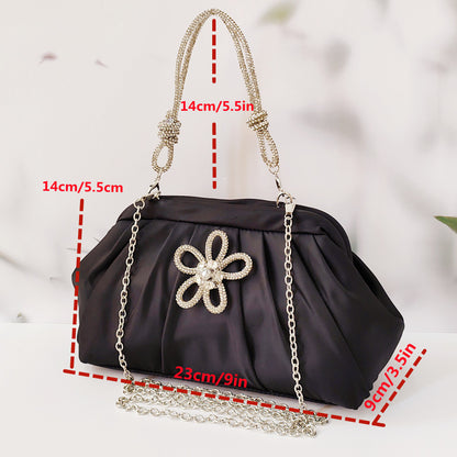 Polyester Evening Clutch - Shell Shape Shoulder Bag with Diamond Detail and Chain