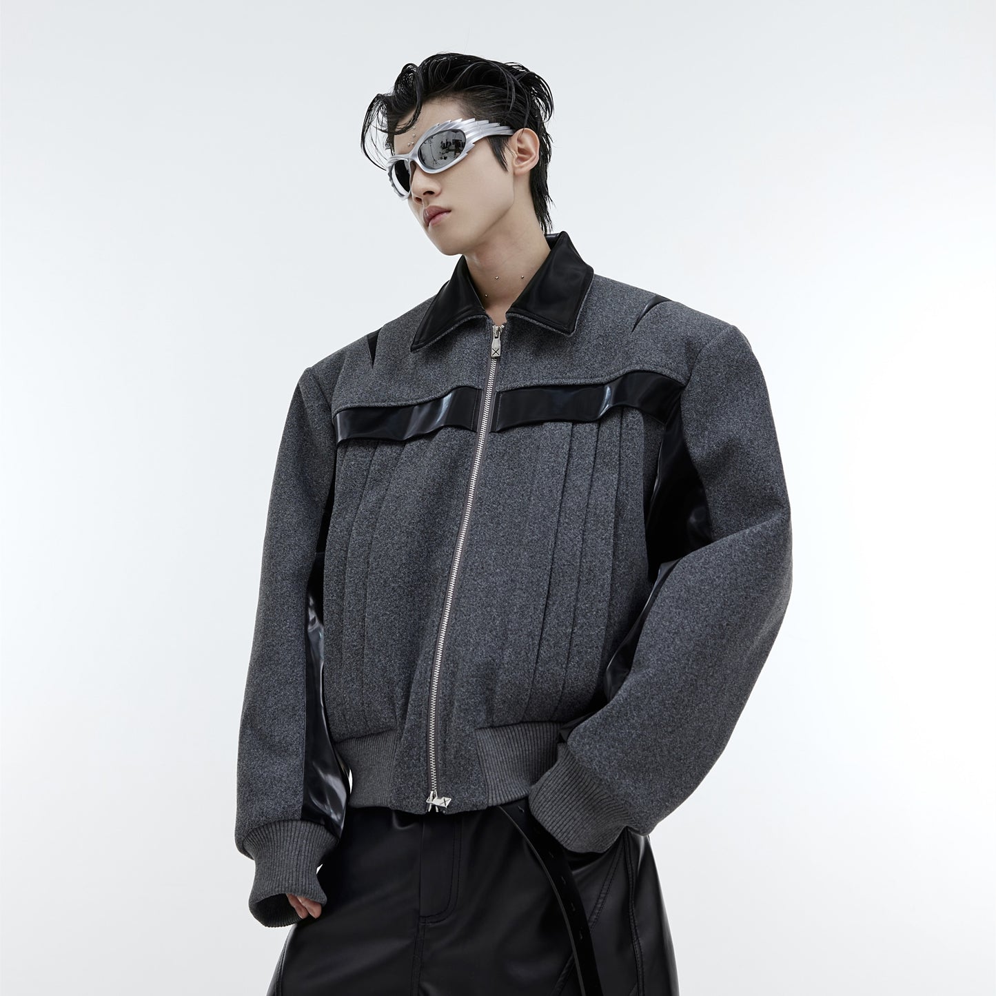 Color Block PU Leather & Wool Composite Jacket - Contemporary Style