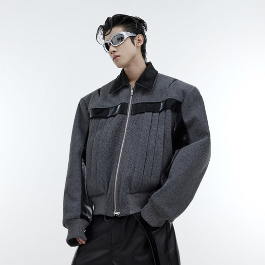 Color Block PU Leather & Wool Composite Jacket - Contemporary Style