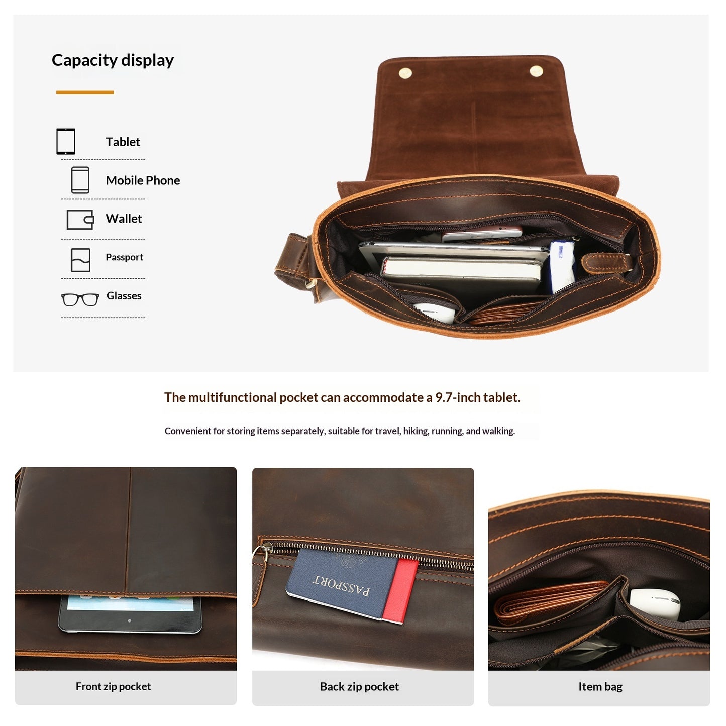 Men's Genuine Crazy Horse Leather Crossbody Bag - Retro Style