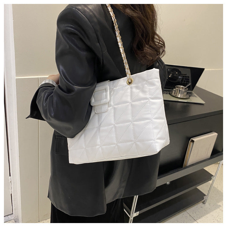 Quilted Chain Shoulder Bag - Trapezoid PU Leather Crossbody with Diamond Pattern