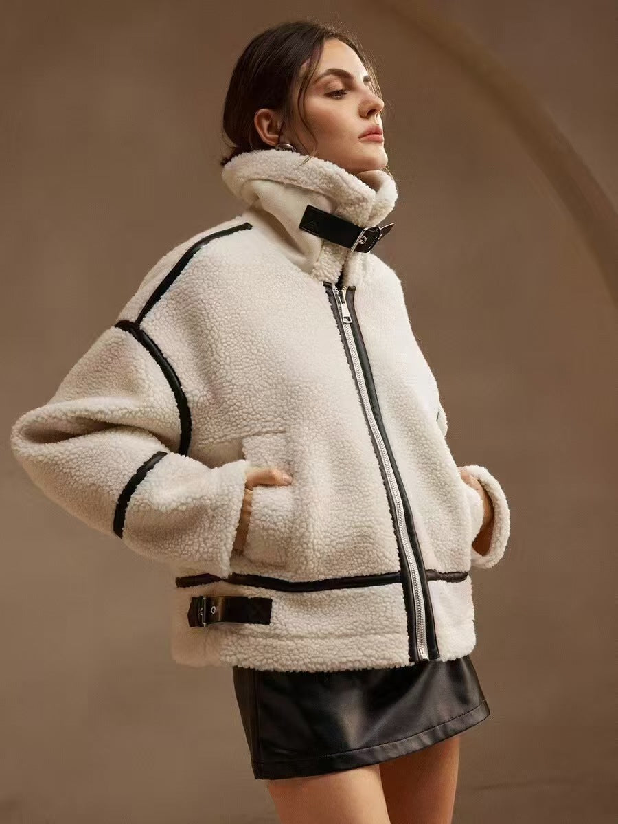 Women's Thickened Lamb-Mohair Leather and Fur Biker Jacket - Regular Fit with Fur Collar
