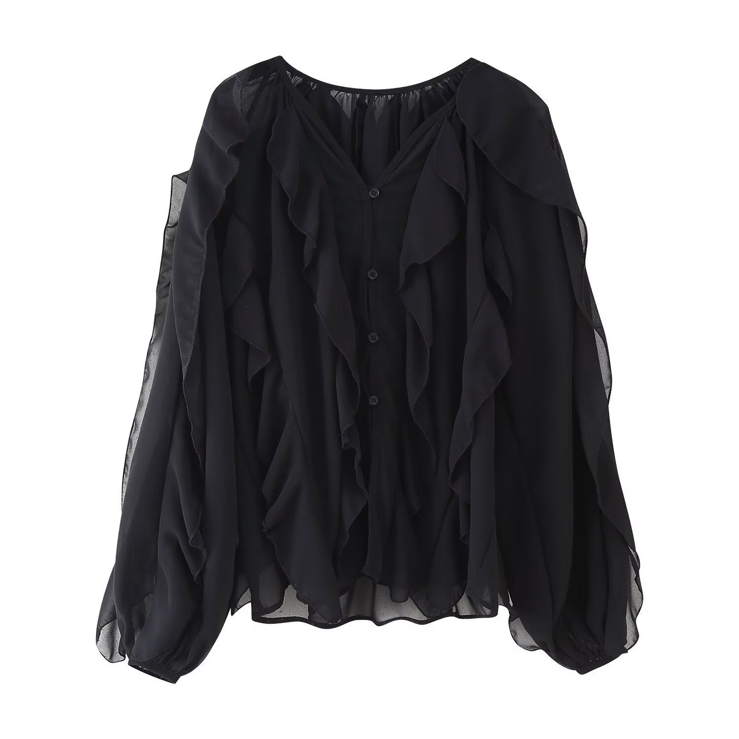 Women's Western-Style V-Neck Layered-Design Blouse - Elegant Long Sleeve Top