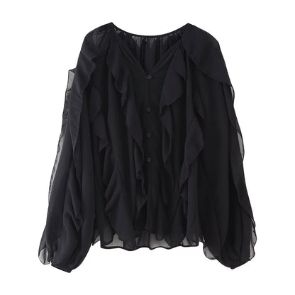 Women's Western-Style V-Neck Layered-Design Blouse - Elegant Long Sleeve Top