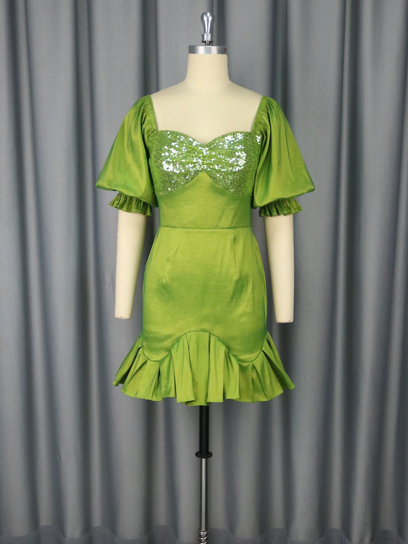 Sequin Ruffle Puff Sleeve Sheath Evening Dress | Mustard Green