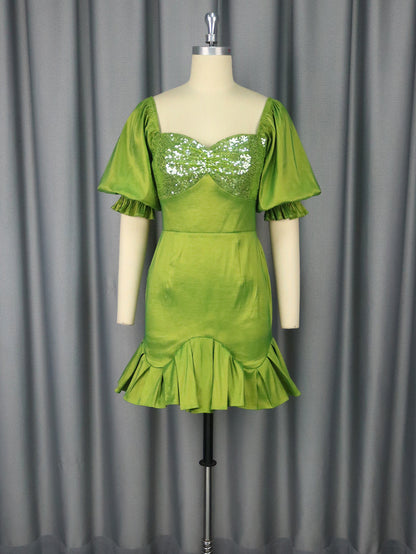 Sequin Ruffle Puff Sleeve Sheath Evening Dress | Mustard Green