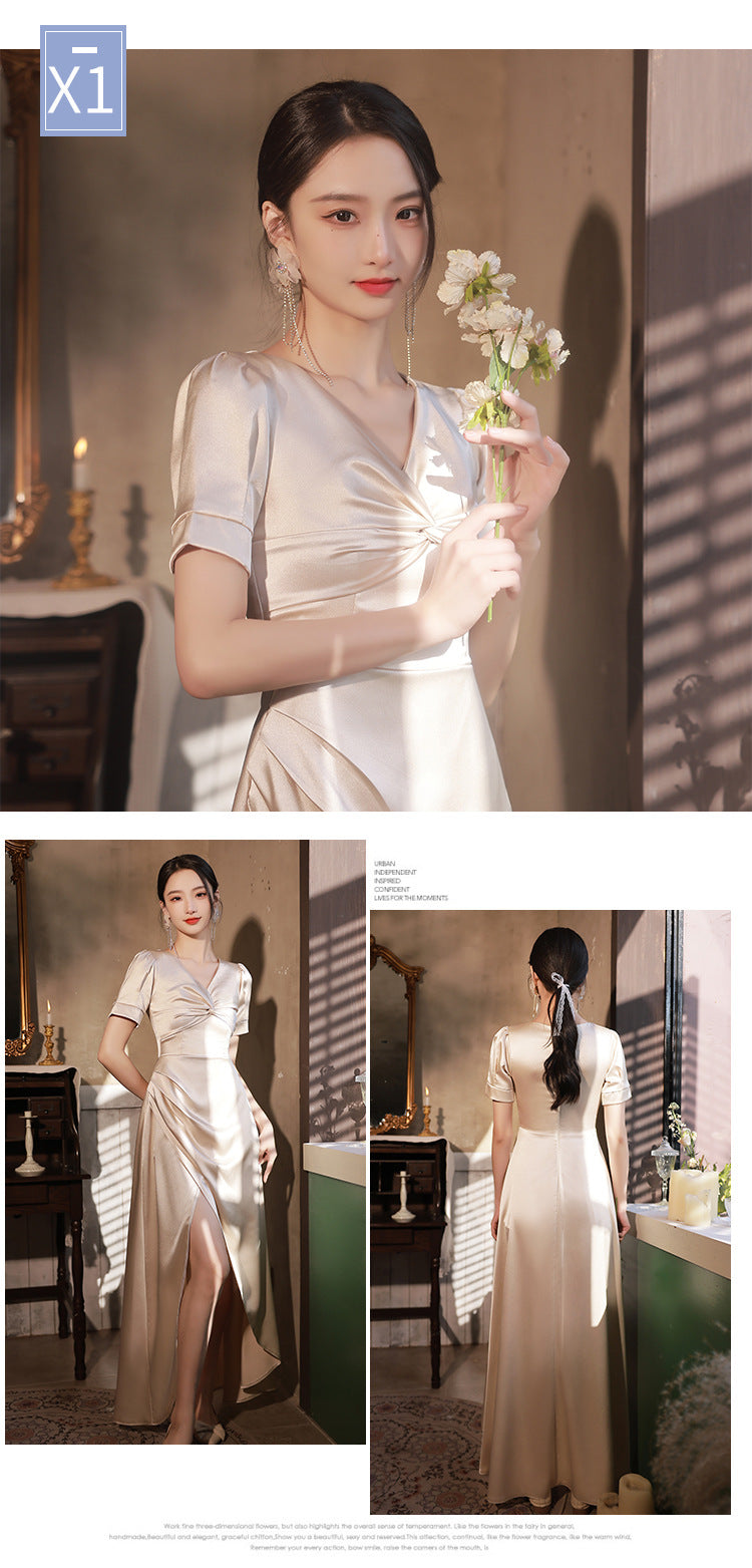 Champagne Satin Sleeveless High Waist Formal Dress | Elegant Wedding & Party Gown