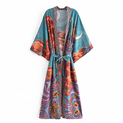 Women's Kimono Robe Gown Cover - Elegant Printed Spun Rayon Loungewear