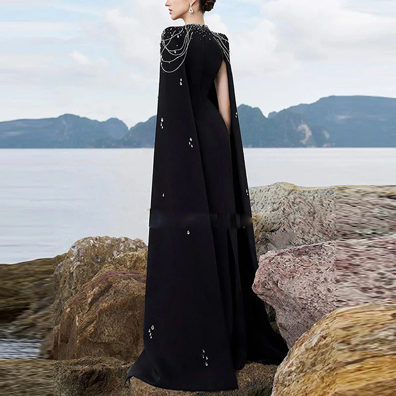 Beaded Lanyard Shawl Sleeve Floor-Length Dress