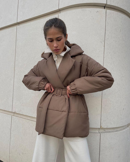Women's Winter Lapel Waisted Cotton Coat - Slim Fit Solid Color Overcoat