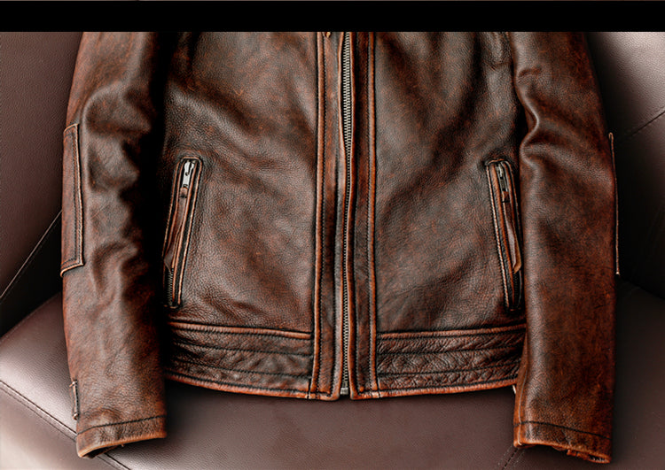 Men's Distressed Motorcycle Jacket - Stone Washed Short Coat