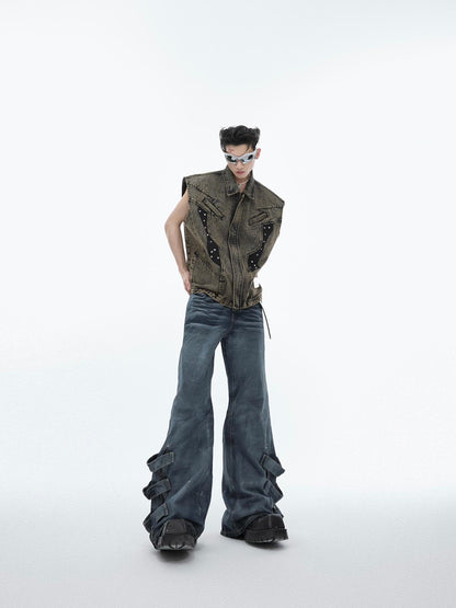 Men's Pleated Washed Straight Jeans - Casual Cotton Blend Denim Pants