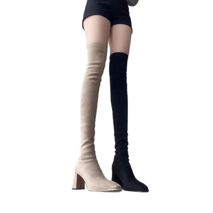 Stretchy Over-the-Knee Chunky Heeled Boots - Square Toe High Boots for Fall and Winter