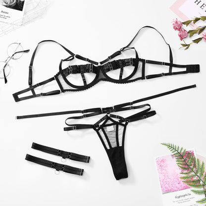 Women's Corset Bra and Panty Set with Leg Rings - Supportive Polyester Lingerie