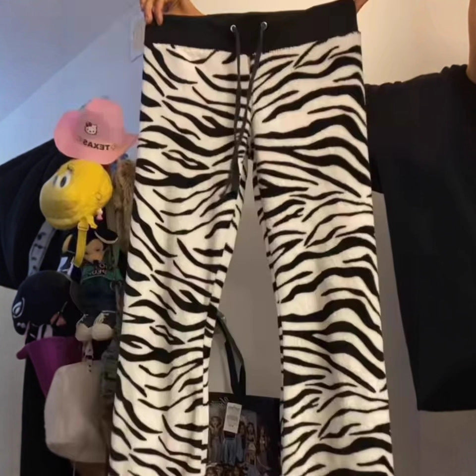 Striped Leopard Print High-Waist Drawstring Casual Trousers