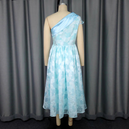 Women's Oblique Shoulder Jacquard Evening Dress – Elegant A-Line Contrast Color Maxi