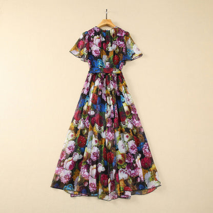 Premium Silk Chiffon Dress - Pleated Chrysanthemum Print with Belt