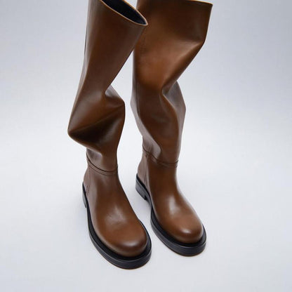 Women's Vintage High Boots - Mid-Heel Leather Boots with Round Toe