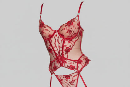 Embroidered Lace Lingerie Set - Push-Up Bra and Panties with Gem Detail