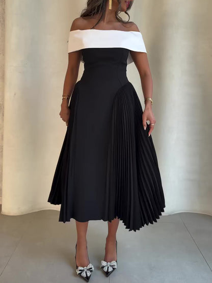 Off-Shoulder Contrast Pleated Dress - Elegant Maxi Dress for Daily and Party Wear