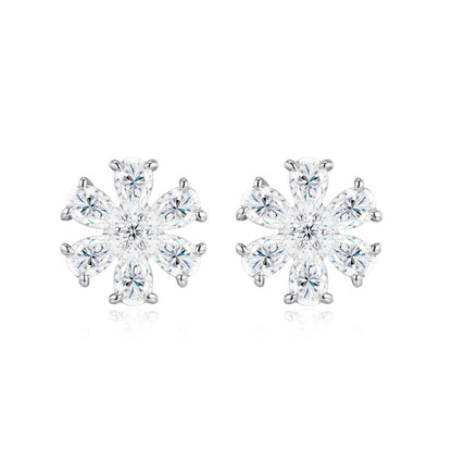 Sterling Silver Snowflake Earrings - Moissanite Flower Design Stud Earrings
