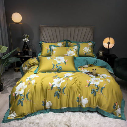 Double-Sided Ice Silk 4-Piece Bedding Set - Tencel Reactive Printed with Quilt Cover, Sheet, and 2 Pillowcases