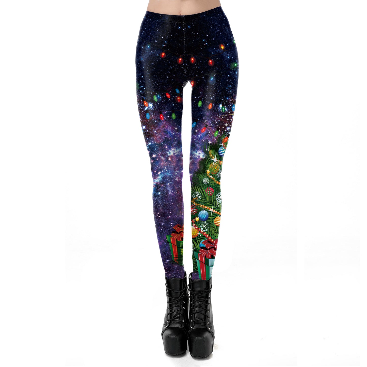 Women's Festive Print Stretch Leggings - Glossy Polyester Fitted Pants
