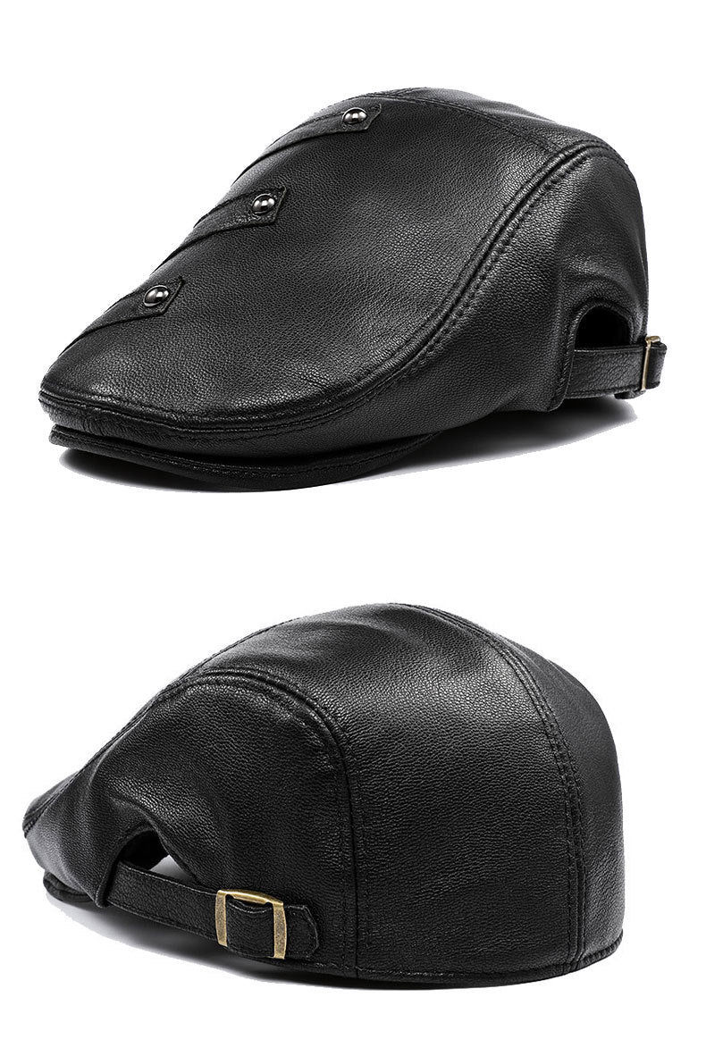 Men's Genuine Cowhide Leather Beret - Embroidered Flat Cap for Autumn & Winter