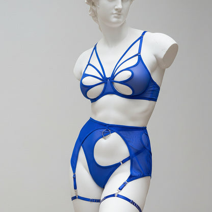 Women's Four-Piece Mesh Lingerie Set - Delicate Cutout Design with Garter