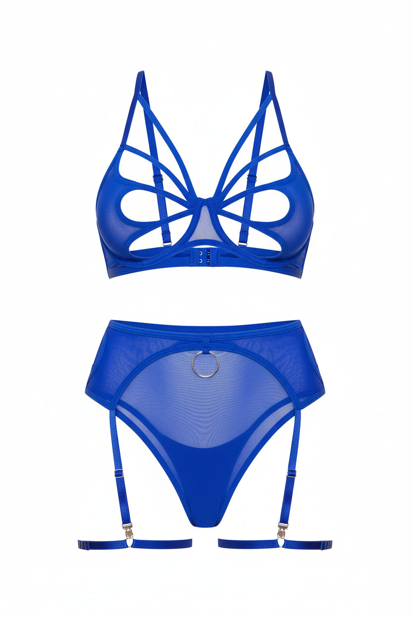 Women's Four-Piece Mesh Lingerie Set - Delicate Cutout Design with Garter
