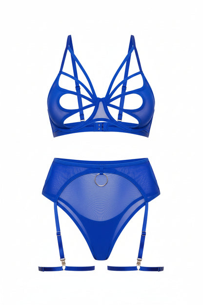 Women's Four-Piece Mesh Lingerie Set - Delicate Cutout Design with Garter