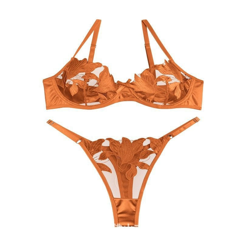 Women's Lace Embroidery Mesh Bra and Panty Set - 3/4 Cup Lingerie Set