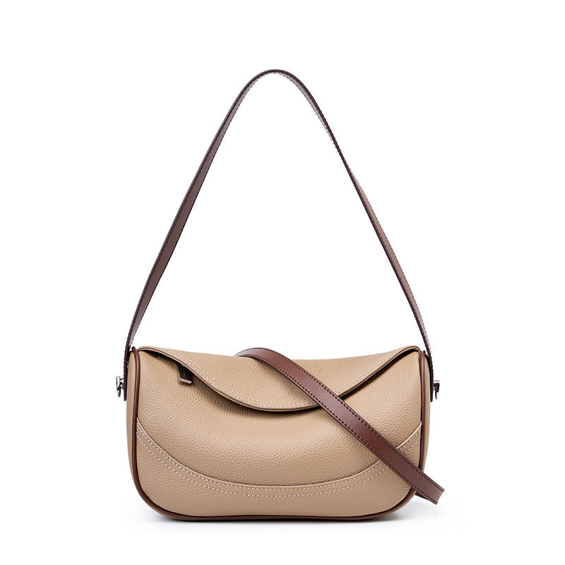 Women's First Layer Cowhide Leather Shoulder Bag - Wide Strap Messenger Bag with Zipper