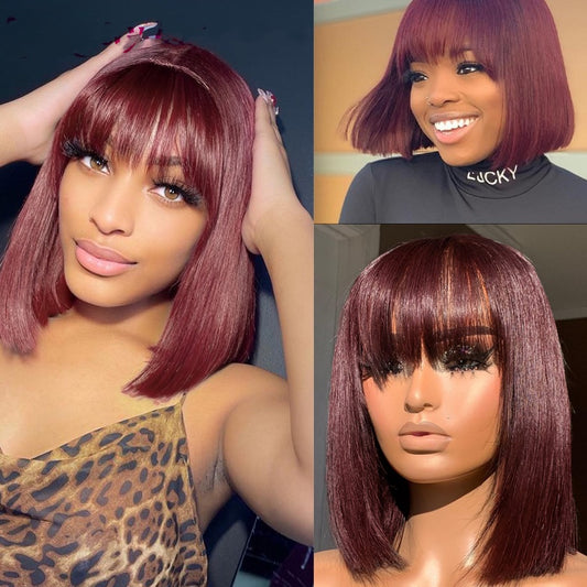 Women's Human Hair Wig with Bangs - Natural Short Hair Wig