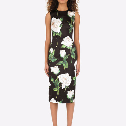 Women's Rose Print Silk Sleeveless Dress - 100% Silkworm Silk Summer Dress with Round Neckline