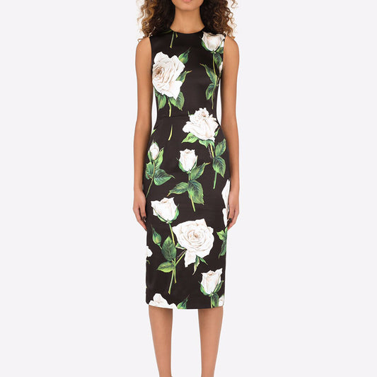 Women's Rose Print Silk Sleeveless Dress - 100% Silkworm Silk Summer Dress with Round Neckline