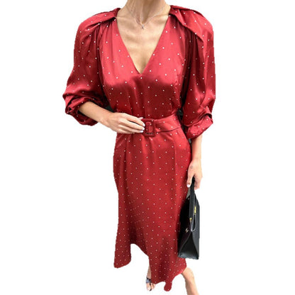 French Style V-Collar Polka Dot Satin Dress - High Waist Fishtail Skirt Long Dress