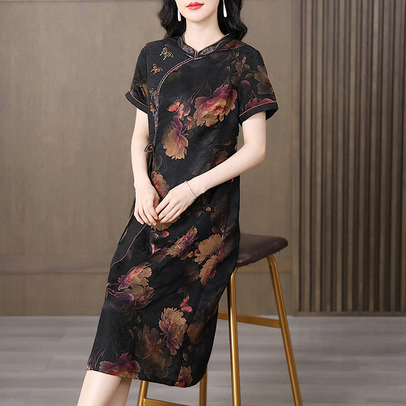 Women's Xiang Yun Satin Improved Cheongsam Dress - Art Retro Style with Floral Pattern