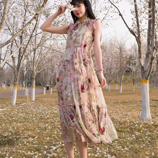 Women's Garden-Themed Print Butterfly Dress - Elegant Mulberry Silk Crepe