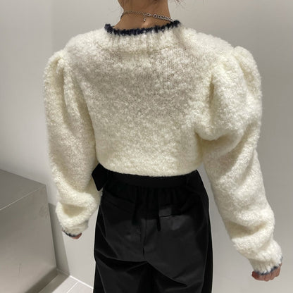 Loose Puff Sleeve Knitted Sweater - Long Sleeve Pullover Top