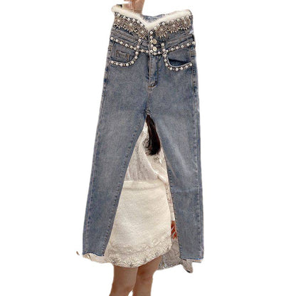 High-Rise Single-Breasted Denim Jeans - Beaded Pencil Pants with Wool Stitching