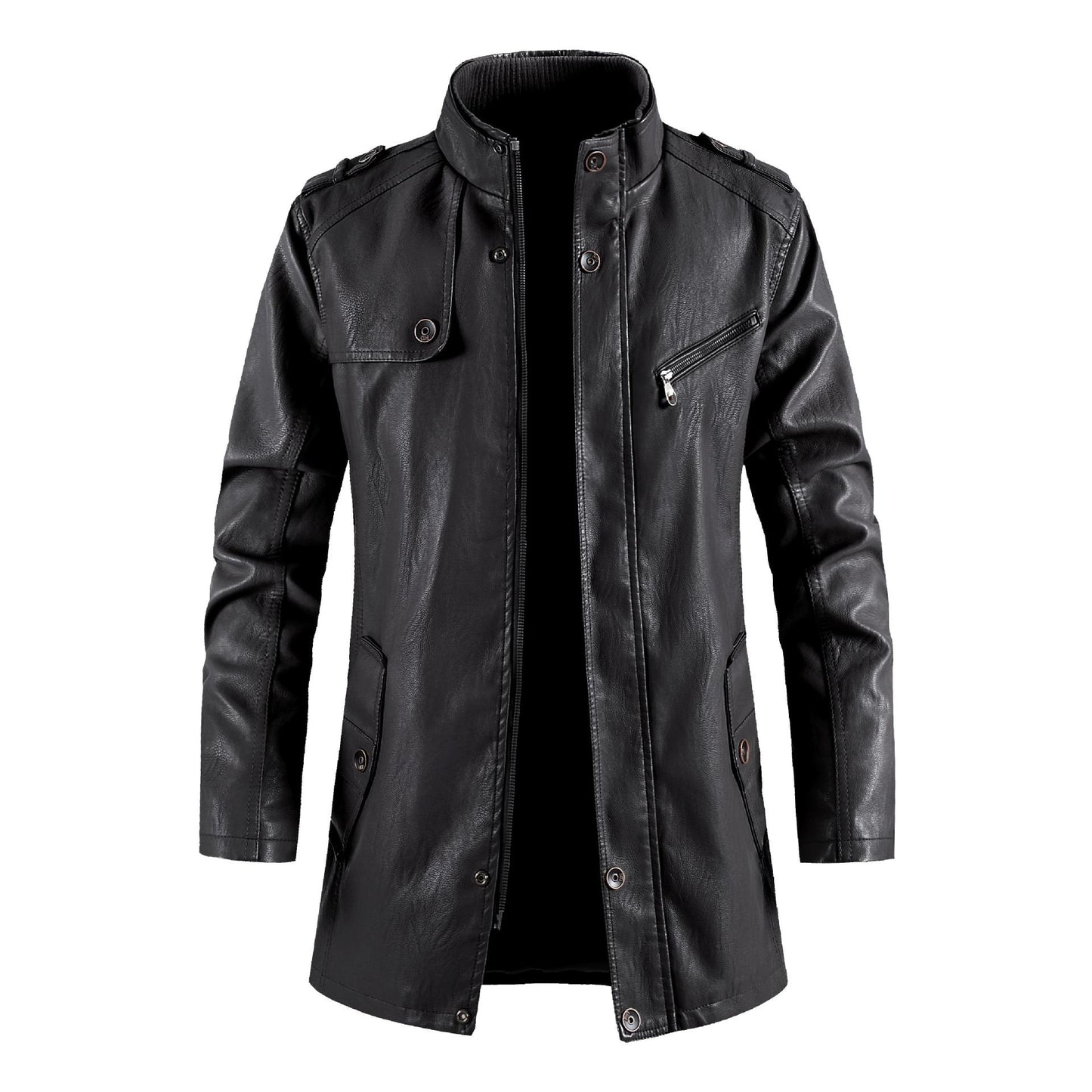 Men's Standing Collar Plush Leather Jacket - PU Leather with Cotton Lining