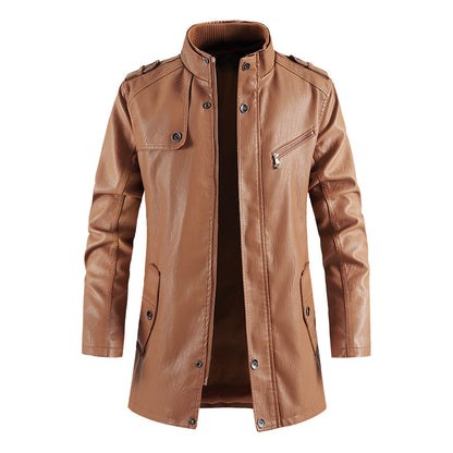 Men's Standing Collar Plush Leather Jacket - PU Leather with Cotton Lining