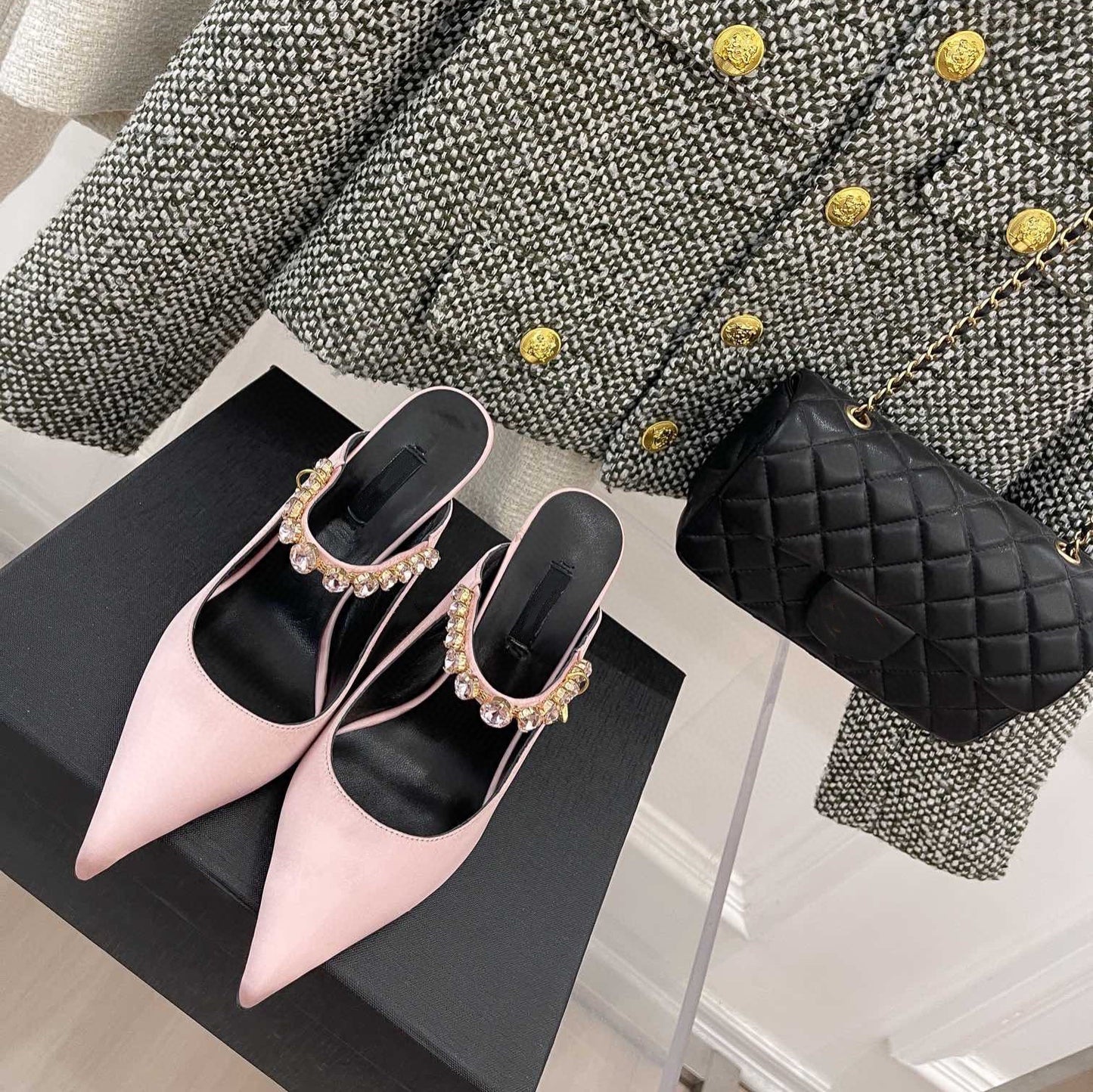 Premium Silk Rhinestone Pointed Toe Slippers - Elegant Women's Mules