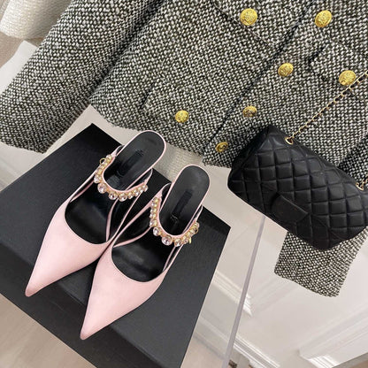 Premium Silk Rhinestone Pointed Toe Slippers - Elegant Women's Mules